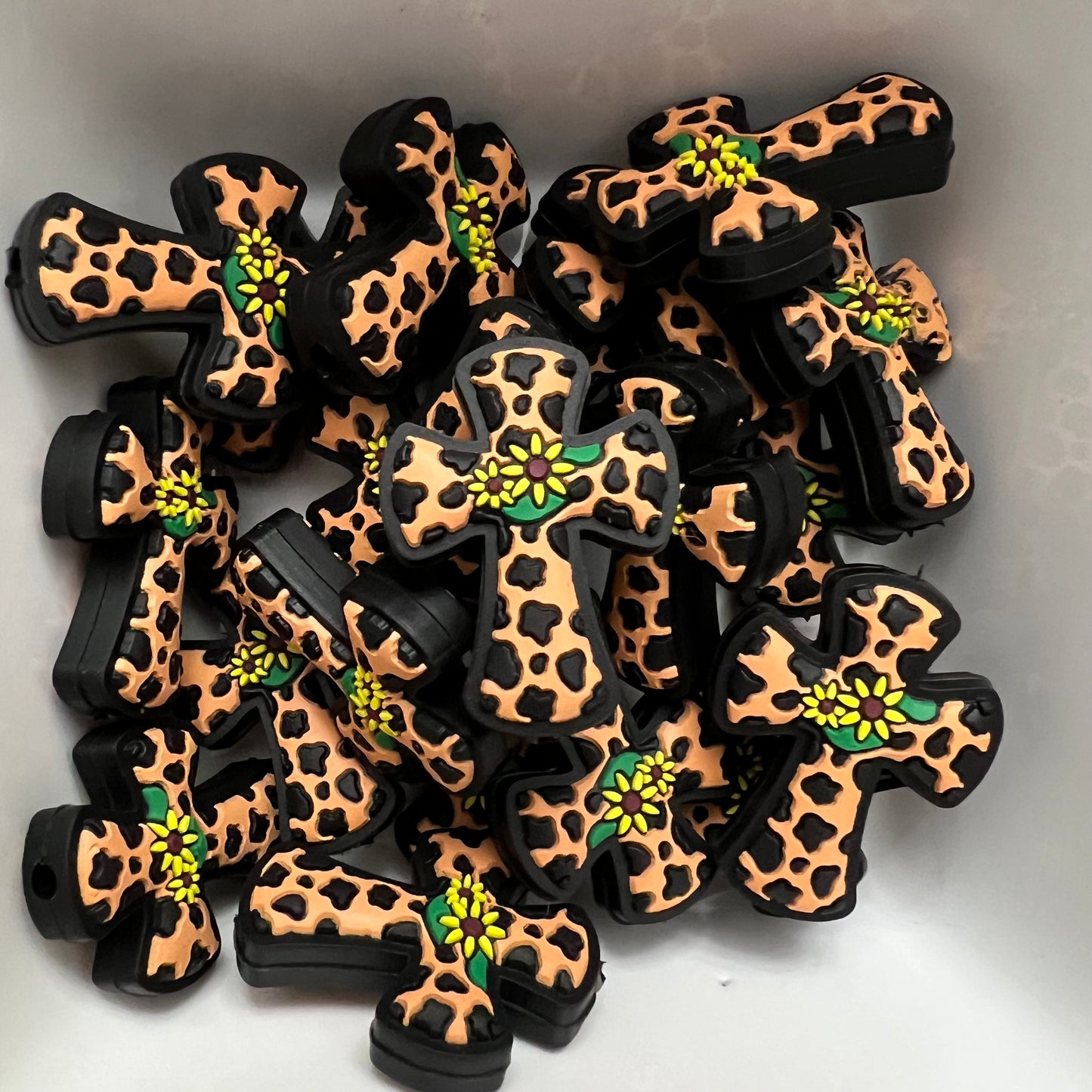 Leopard Print & Sunflower Cross: Silicone Focal Bead